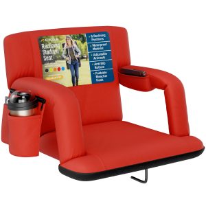 Reclining Stadium Seat with Armrests and Side Pockets - Red, Wide
